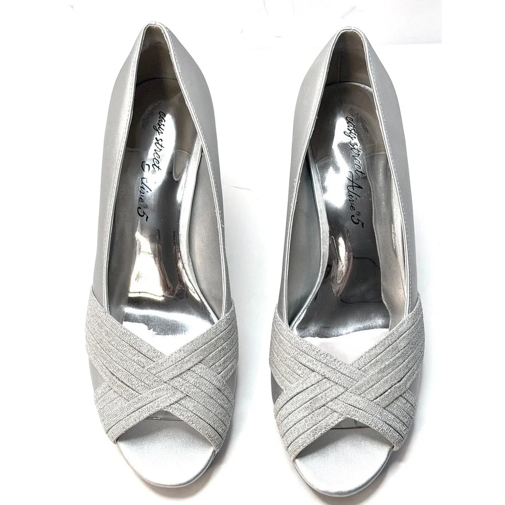 Easy Street Women's Lavish Platform Pumps Silver Satin Glitter Size 9M NWT/BOX - Picture 2 of 11
